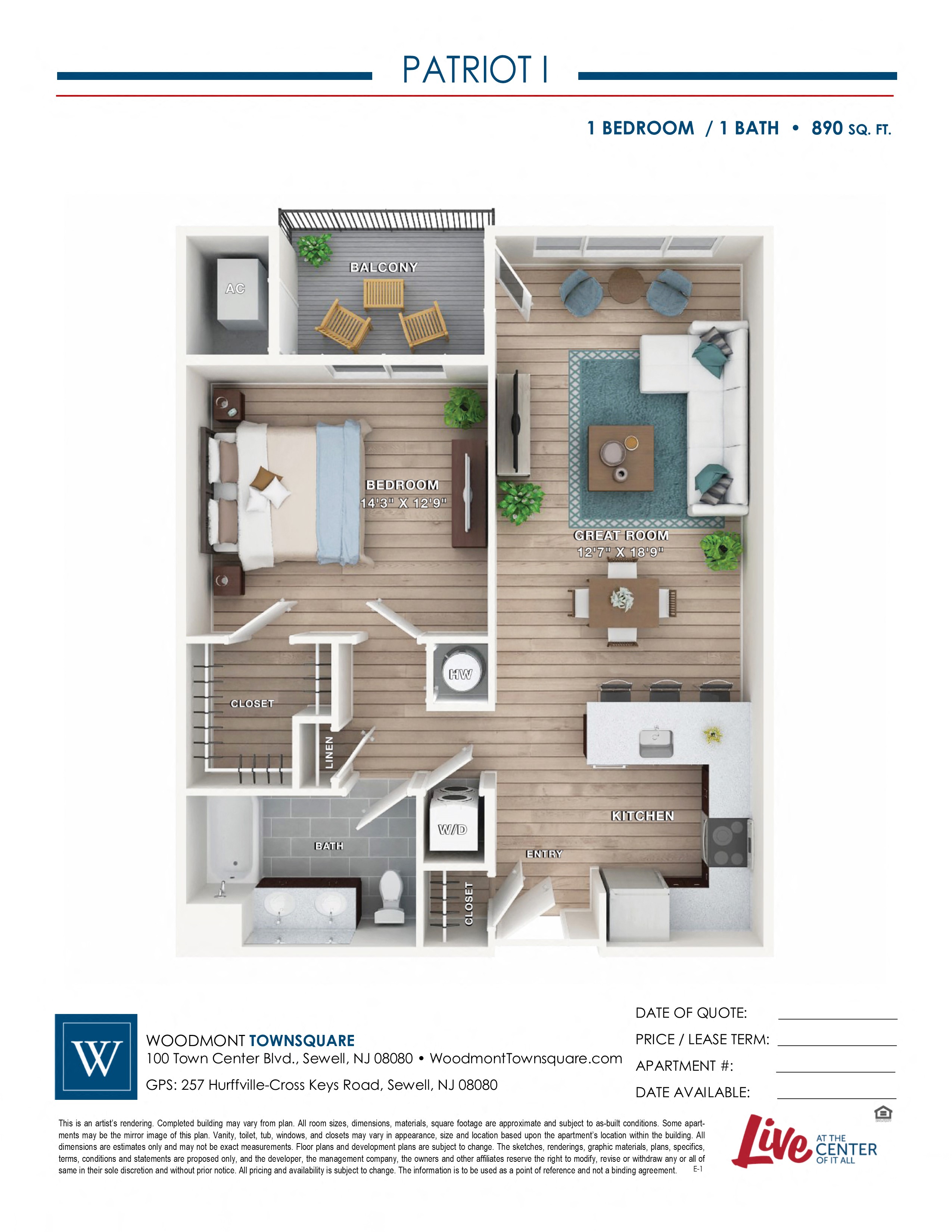 Floor plan for 1 bed, 1 bath, 890 sqft
